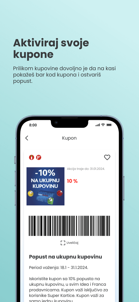 Ein mobiler App-Bildschirm, der einen digitalen Rabattcoupon von 10 Prozent mit einem scannbaren Barcode für In-Store-Einsparungen anzeigt