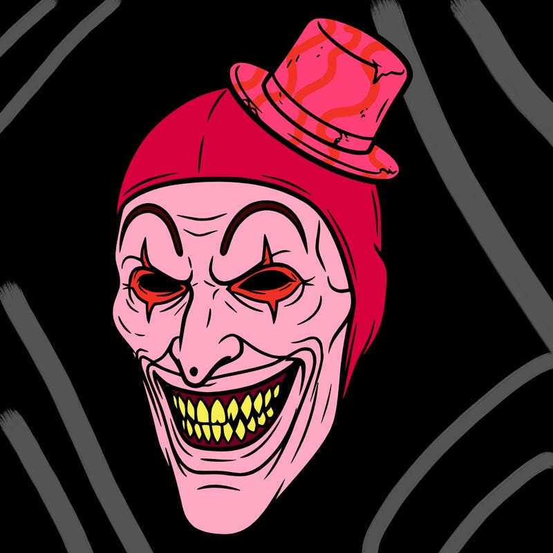 terrifier horror clown black and white lil black top hat and terrifying teeth and he's smiling
