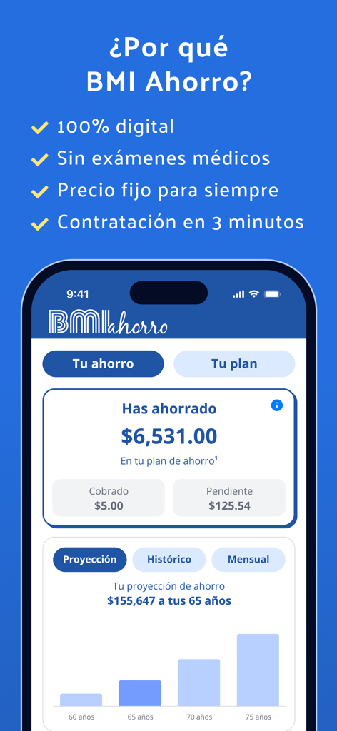BMI Ahorro Ecuador - Mobile dashboard of BMI Ahorro Ecuador showing accumulated savings and future financial projections