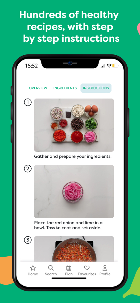 Ein Bildschirm einer mobilen App, der Schritt-für-Schritt-Kochanleitungen mit Fotos für gesunde Rezepte zeigt