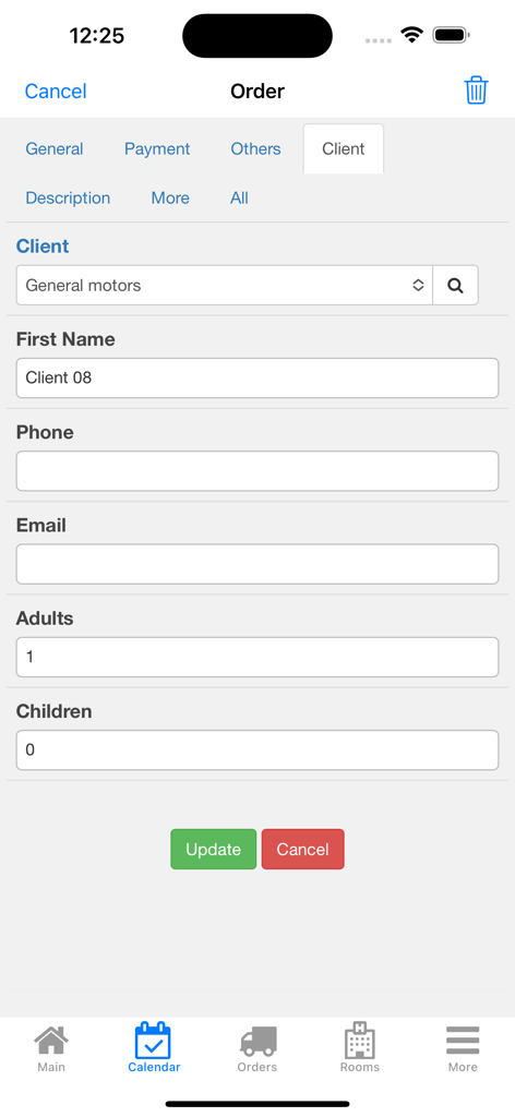 Nano Hotel Booking - Order details screen in the Nano Hotel Booking app showing client information fields including name contact details and guest count