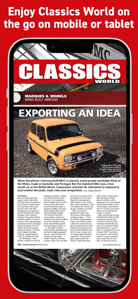 Classics World Magazine - Mobile app view of Classics World Magazine showing a classic orange Mini car article.