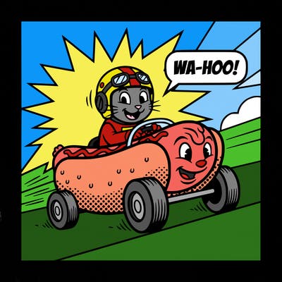 cat driving a hotdog