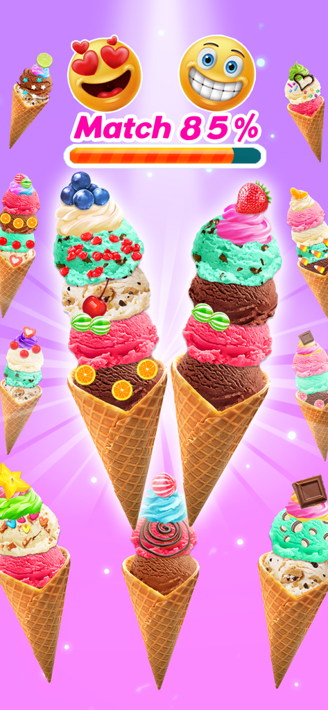 Colorful ice cream scoops and toppings in a creative matching game for kids