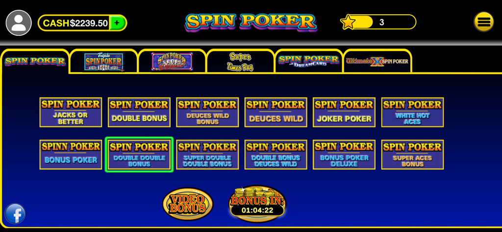 Spin Poker™ - Casino Games - Main game selection menu of the Spin Poker app showing multiple video poker variations like Jacks or Better and Deuces Wild.