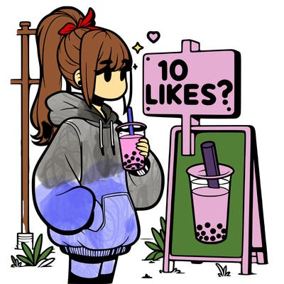 girl with oversized hoodie drinking boba and she has a high ponytail with a sign that says 10likes?