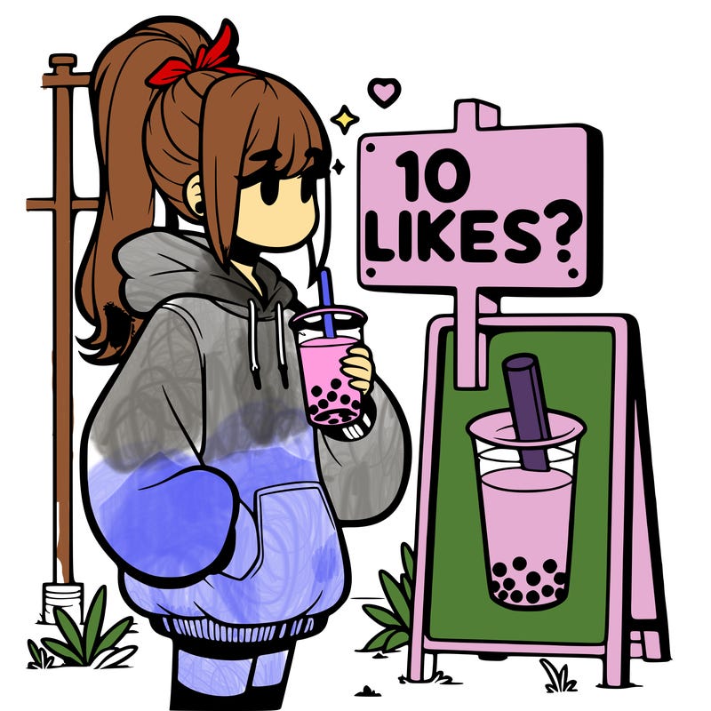 girl with oversized hoodie drinking boba and she has a high ponytail with a sign that says 10likes?