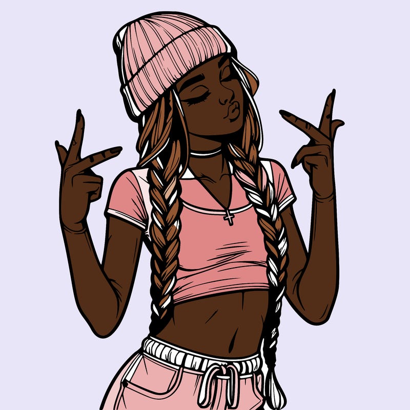 realistic teenage girl with braids and a beanie and crop top doing 🫶🏼