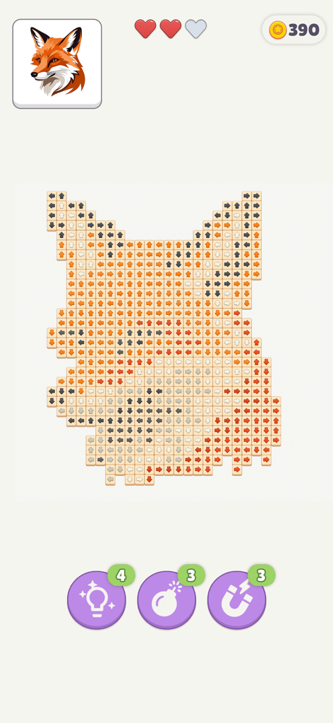 Captura de pantalla del juego de Tap Gallery mostrando un rompecabezas de lógica con forma de zorro con bloques de flechas