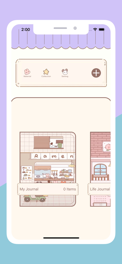 Pantalla principal de la aplicación Journal X que muestra diarios digitales estéticos con ilustraciones de tiendas de ramen y casas