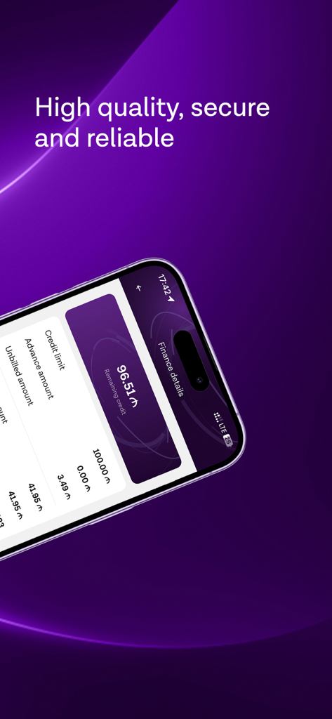 Azercell Biznes - Pantalla de detalles financieros de la aplicación Azercell Biznes que muestra el crédito restante y el límite de crédito sobre un fondo morado