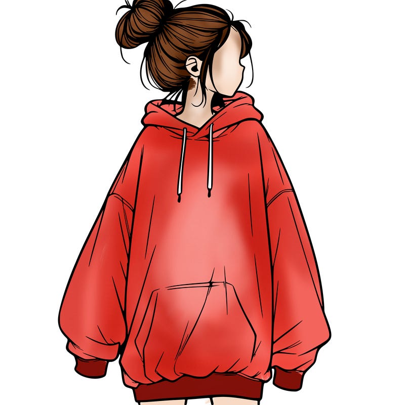 realistic girl with a oversized sweatshirt on and a bun