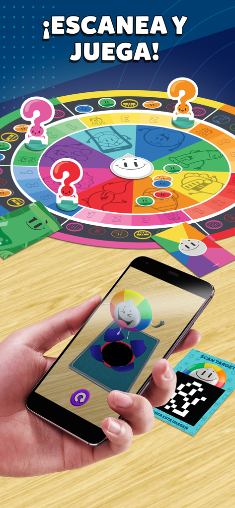 Preguntados AR - A person using a smartphone to scan a physical board game card to display an augmented reality character
