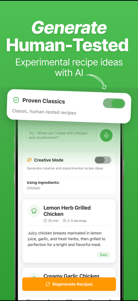 Spachula mobile app screen showing AI recipe generation and a lemon herb grilled chicken recipe