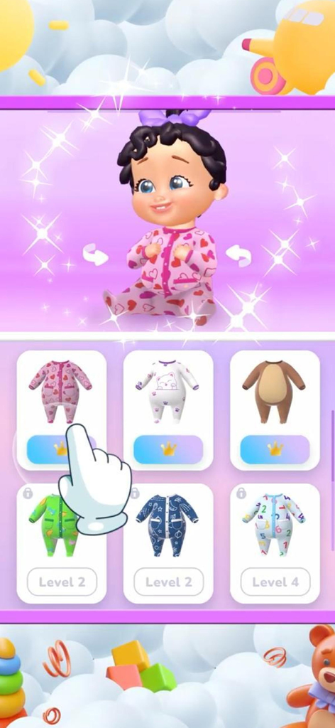 My Baby Care: Virtual Dress Up - A virtual baby in a pink heart onesie inside the outfit selection menu of the My Baby Care app