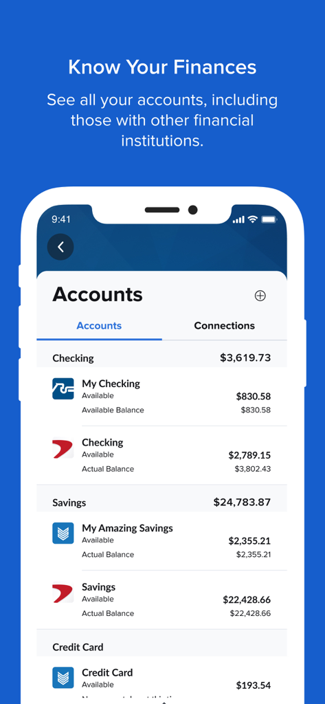Panel de la aplicación móvil America First Credit Union que muestra varias cuentas corrientes y de ahorro.