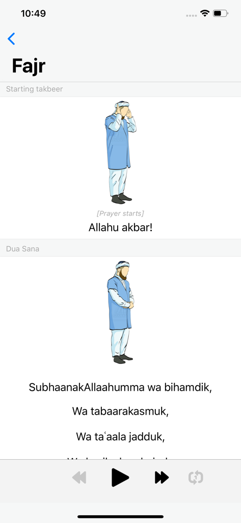Screenshot of the Namaz app showing Fajr prayer steps with illustrations transliterated text and audio controls