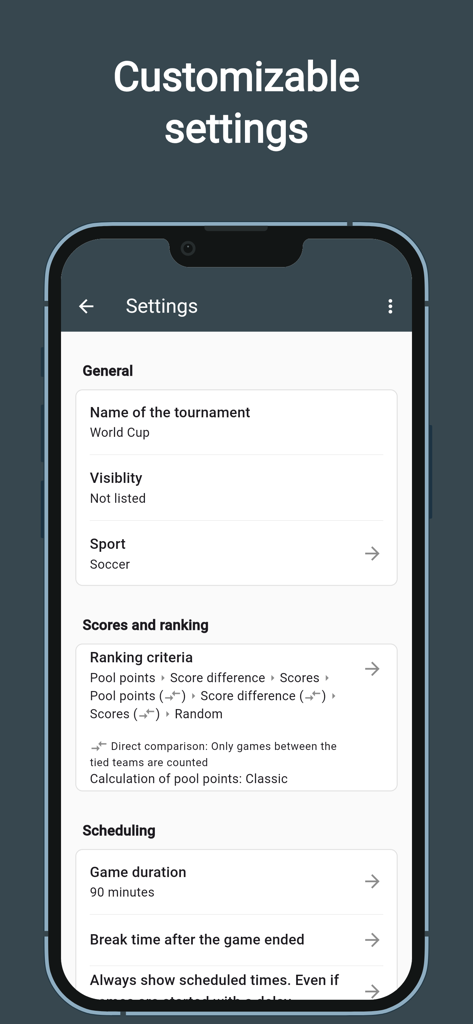 Tourney Maker - Smartphone screen showing customizable tournament settings for name sport ranking criteria and game scheduling