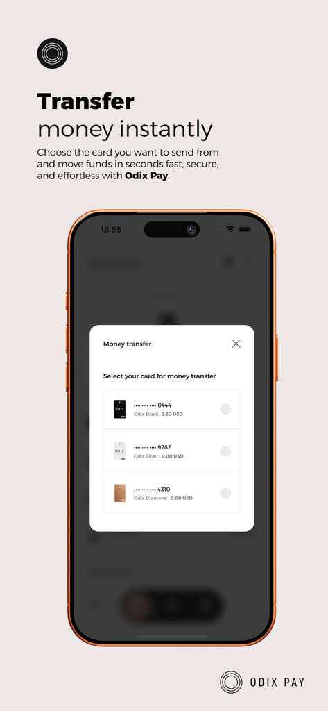 Odix Pay & Card - Odix Pay app screen showing a popup to select a card for instant money transfer.