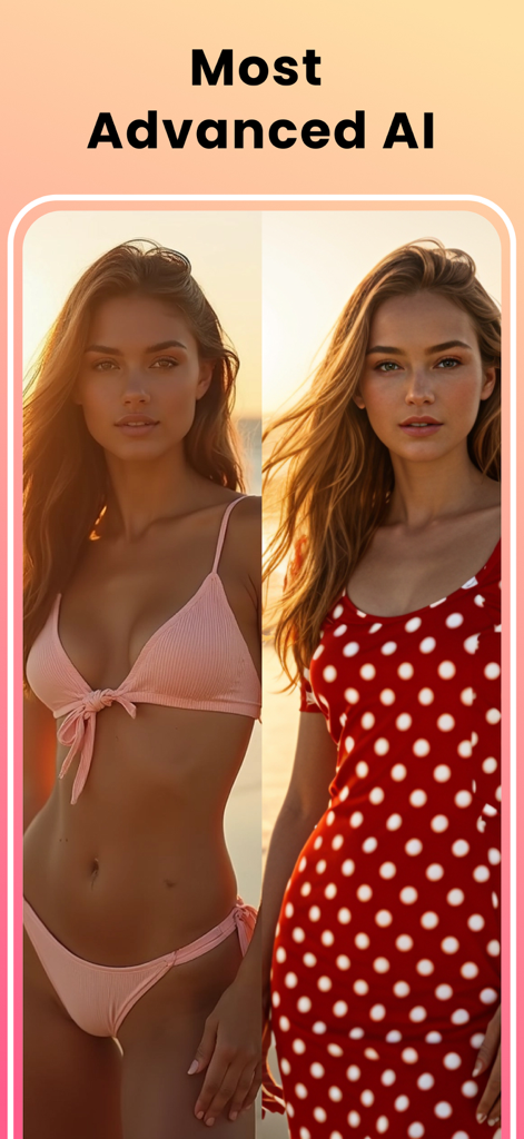 AI Stylist Outfit Clothes Gen - AI virtual try on demonstration with a woman in a pink bikini and a red polka dot dress