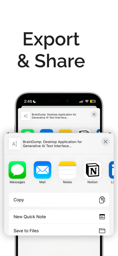 Brain Dump app interface showing export and share options to Notion, Mail, and Messages