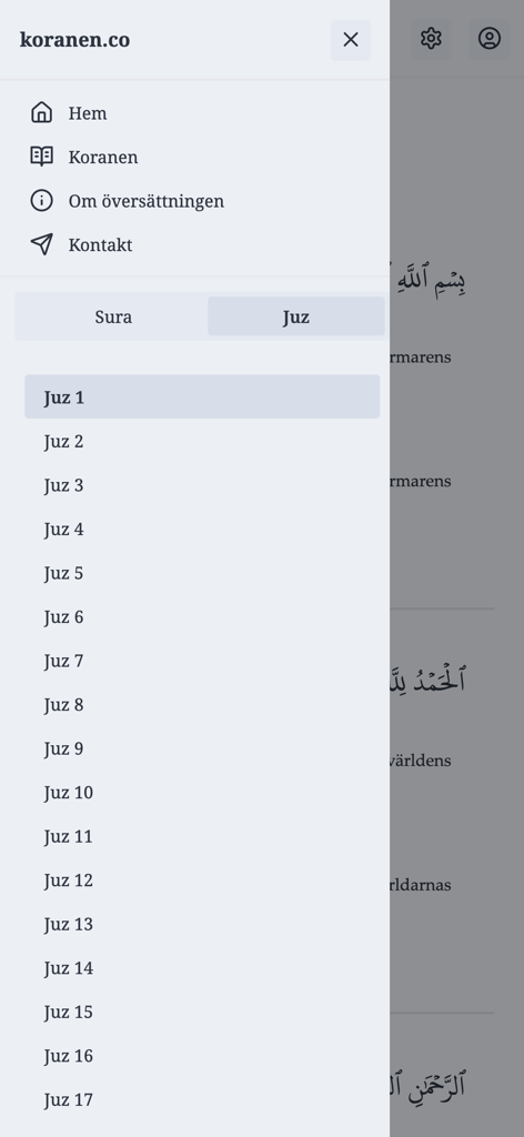 Koranen på svenska zamzam - Un menú de navegación dentro de la aplicación Koranen på svenska zamzam que muestra una lista de secciones de Juz del Corán en sueco.