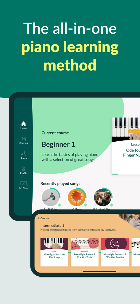 Skoove: Learn to Play Piano - Skoove app interface showing piano courses for beginner and intermediate levels on tablet and phone.
