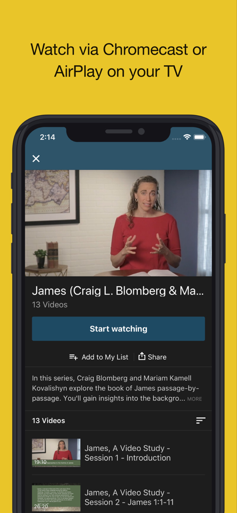 MasterLectures - Tela do aplicativo MasterLectures mostrando detalhes de videoaulas e opções para assistir na TV via Chromecast ou AirPlay