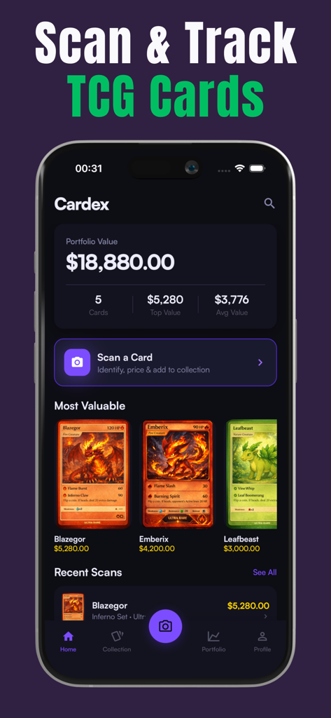 Cardex - TCG Card Scanner - Cardex app dashboard displaying TCG collection portfolio value and most valuable scanned cards