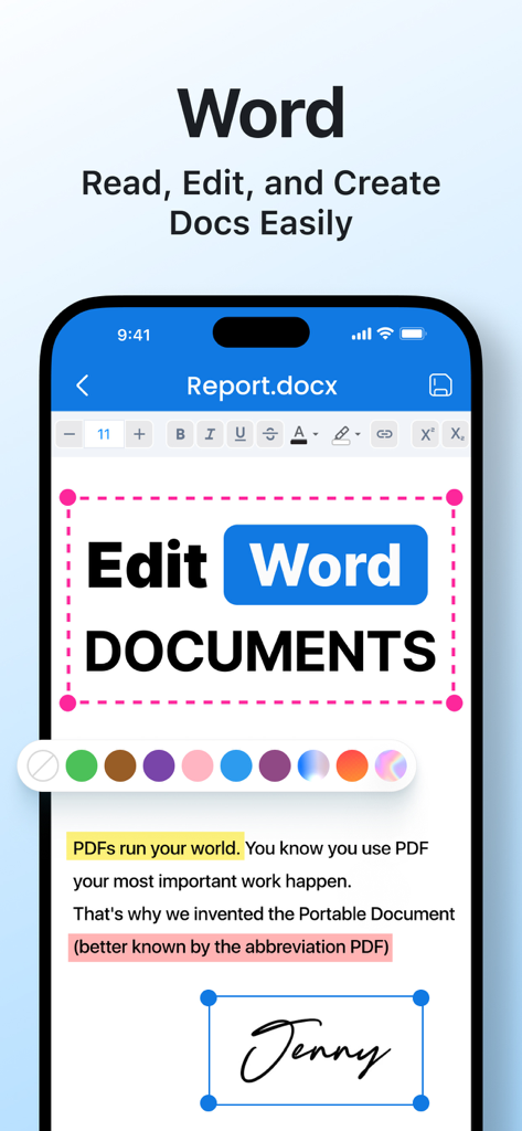 Word Editor・Docs・Sheets・Office - Mobile app interface for editing Word documents with formatting tools and digital signature support.