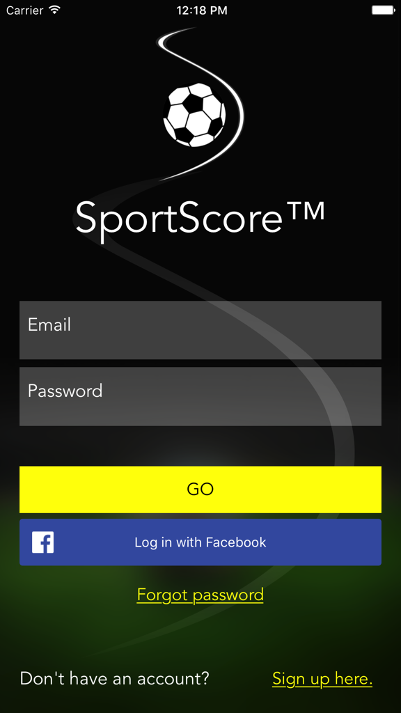 Sport Score App - Écran de connexion de l'application Sport Score avec options de connexion par e-mail et Facebook