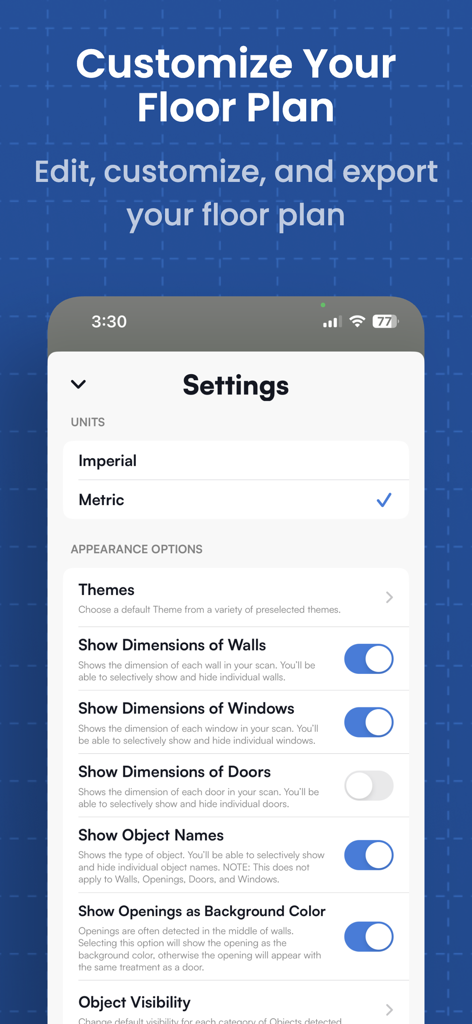 Room Wizardアプリの設定画面。間取り図の寸法とテーマをカスタマイズするオプションが表示されます。