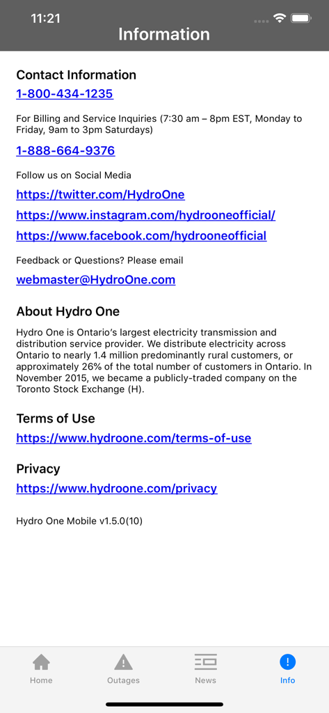 Hydro One Mobile - Information screen of the Hydro One Mobile app showing contact details, social media links, and company description.