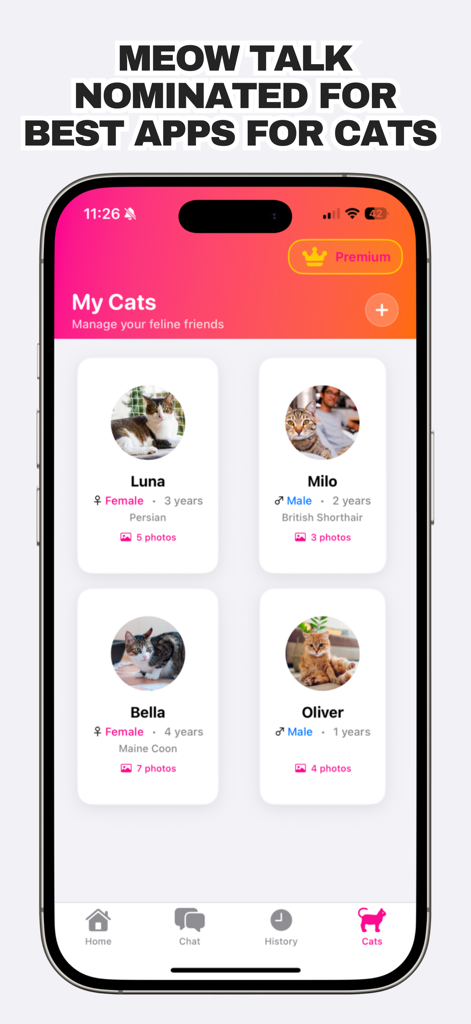 Cat Translator – Talk To Cat - Screenshot of the My Cats management screen in the Cat Translator app showing cat profiles for Luna Milo Bella and Oliver