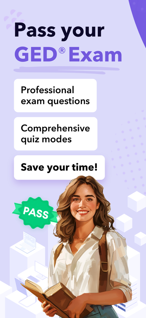 Una donna che tiene un libro accanto a un testo sulla preparazione professionale per le domande d'esame GED