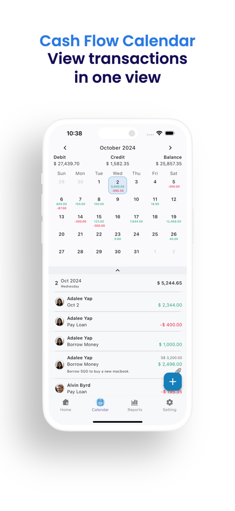 Pantalla del calendario de flujo de caja de la aplicación EzDebt Book mostrando transacciones mensuales de deuda y crédito
