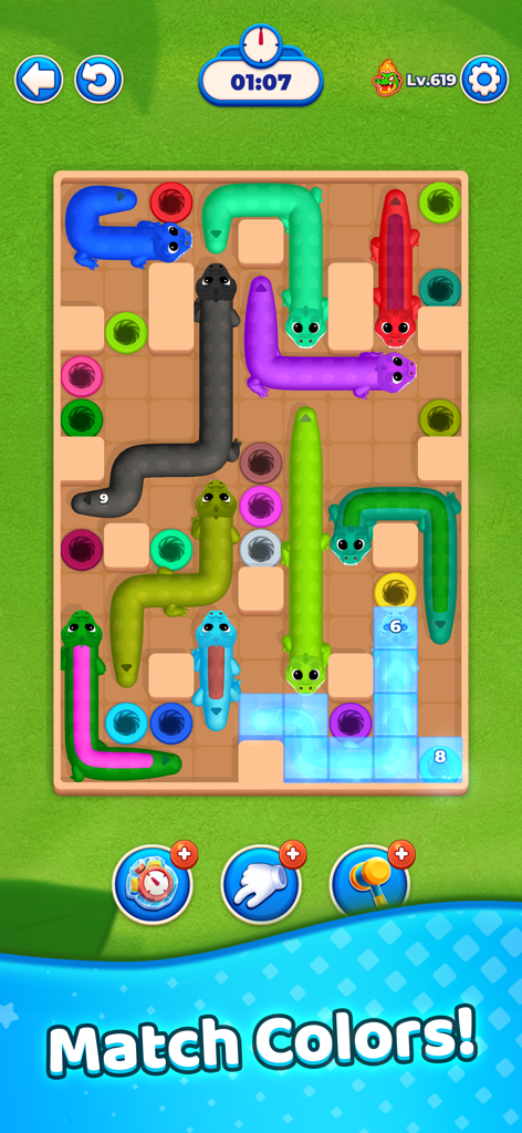 Pet Tunnel Puzzle - Gameplay screenshot of Pet Tunnel Puzzle showing colorful snake-like pets on a logic grid with the text Match Colors