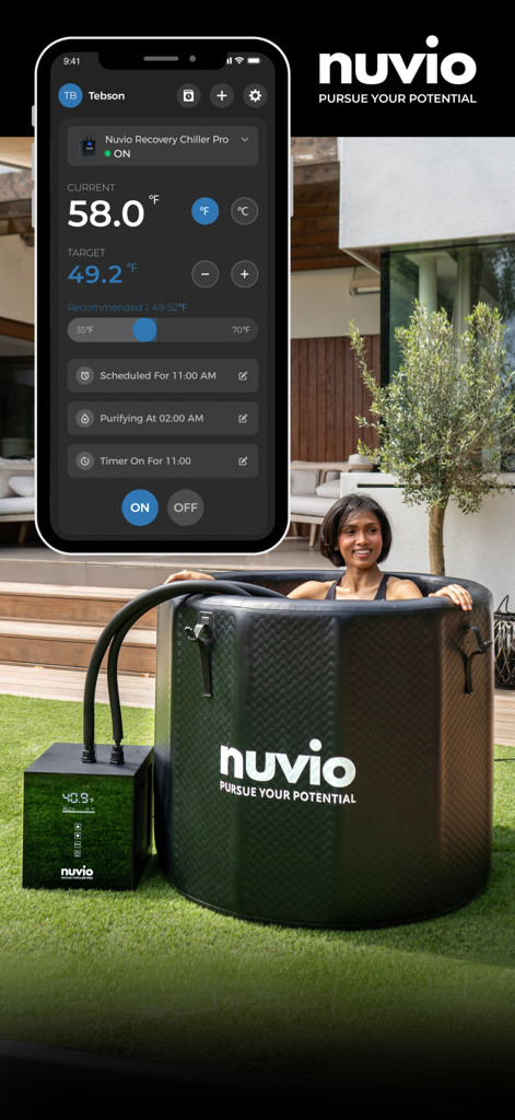 Nuvio - Woman in a Nuvio cold plunge tub with the mobile app interface showing temperature and schedule settings