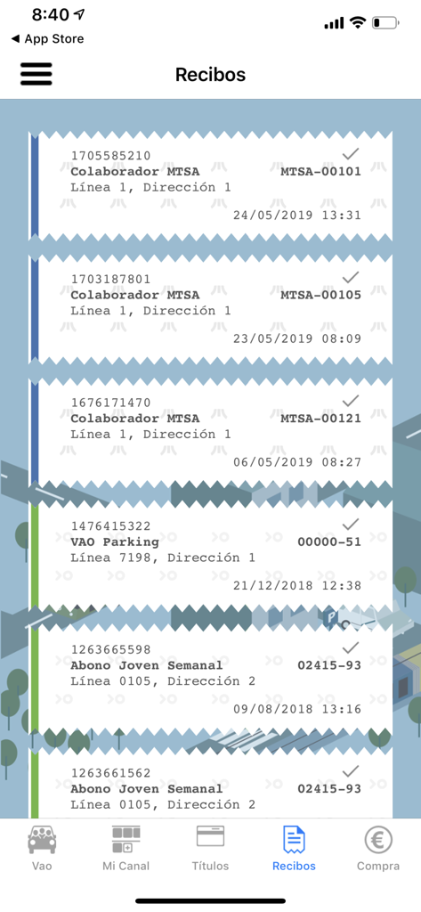 Una lista de recibos de transporte digitales y abonos semanales dentro de la aplicación móvil Via-Movil para el transporte de Tenerife