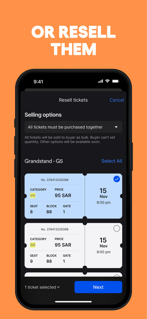 webook.com – fun things to do - A mobile screen from webook showing options to securely resell event tickets with verified pricing