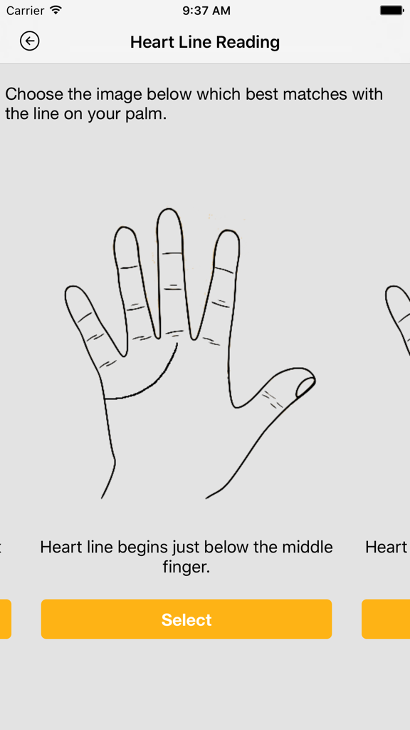 Palm Reader - Scan Your Future - Interface of the Palm Reader app showing a hand diagram for heart line identification with a select button