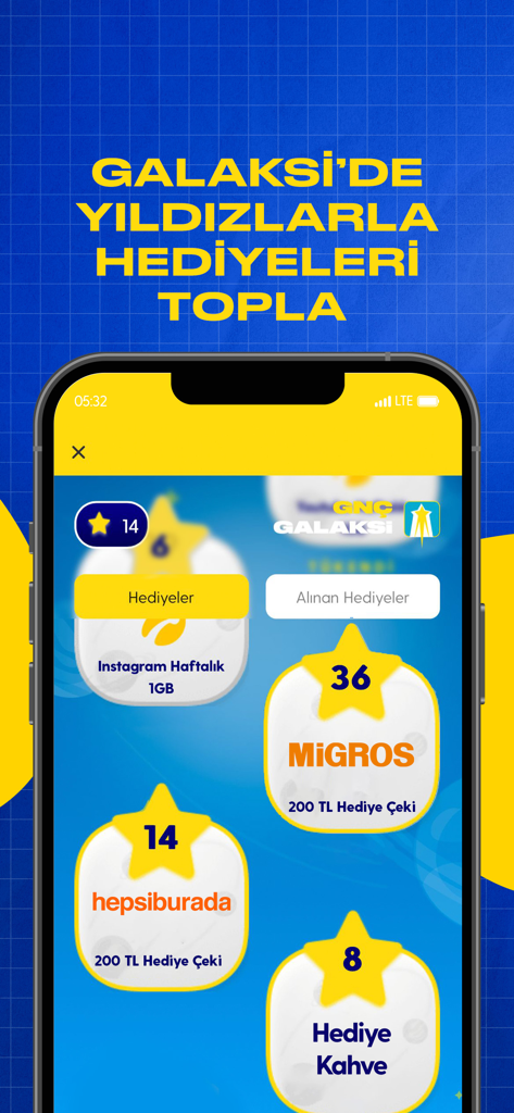 GNÇ app Galaksi screen showing rewards and star collection for Turkish users