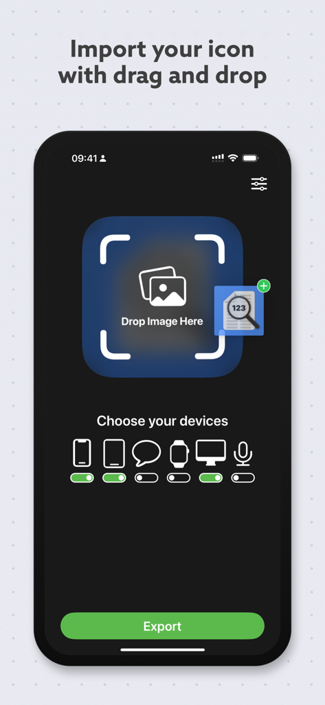 Interface of App Icon Generator showing drag and drop import and target device selection
