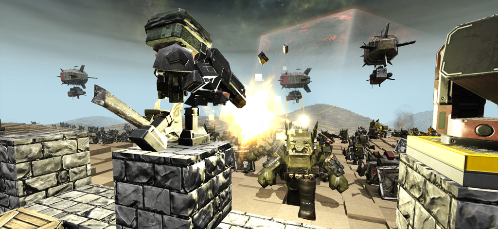 Block Fortress 2 - Action packed combat in Block Fortress 2 showing blocky soldiers and flying airships attacking a base