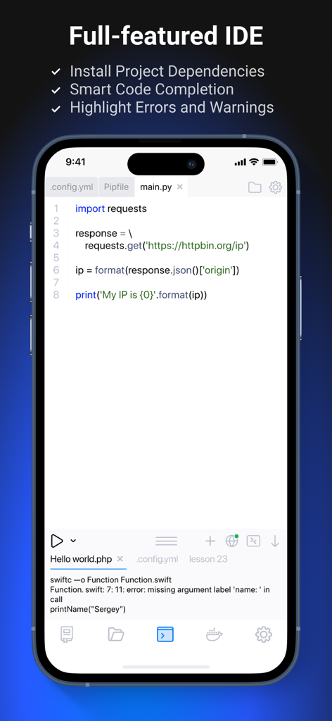 CodeSnack IDE - CodeSnack IDE mobile app interface with Python code editor and terminal