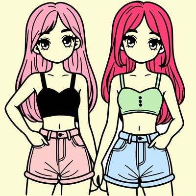 two sisters with crop tops and jean shorts and straight hair