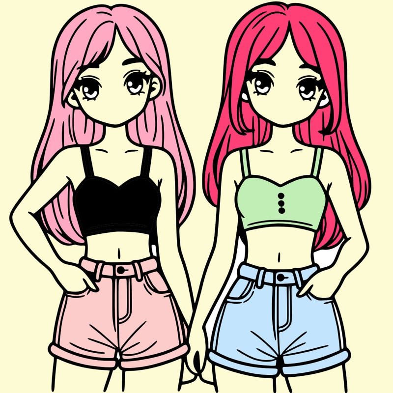 two sisters with crop tops and jean shorts and straight hair