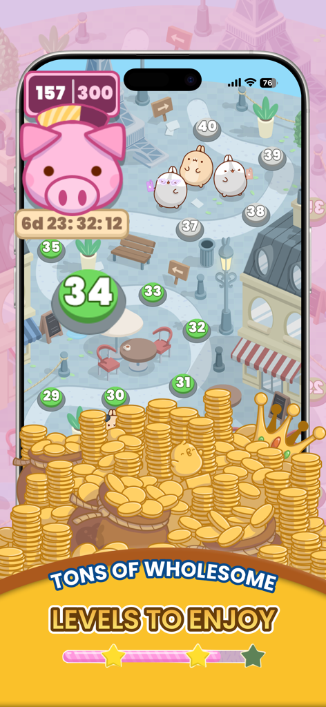 Molang Match'n Munch - Molang Match'n Munch level map screen with characters and a pile of gold coins