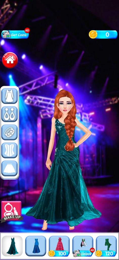 A virtual character wearing a long teal evening gown on a fashion stage in a dress up game
