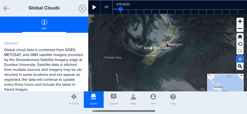 Disaster Alert (PDC Global) - Disaster Alert app showing global cloud satellite data and map visualization